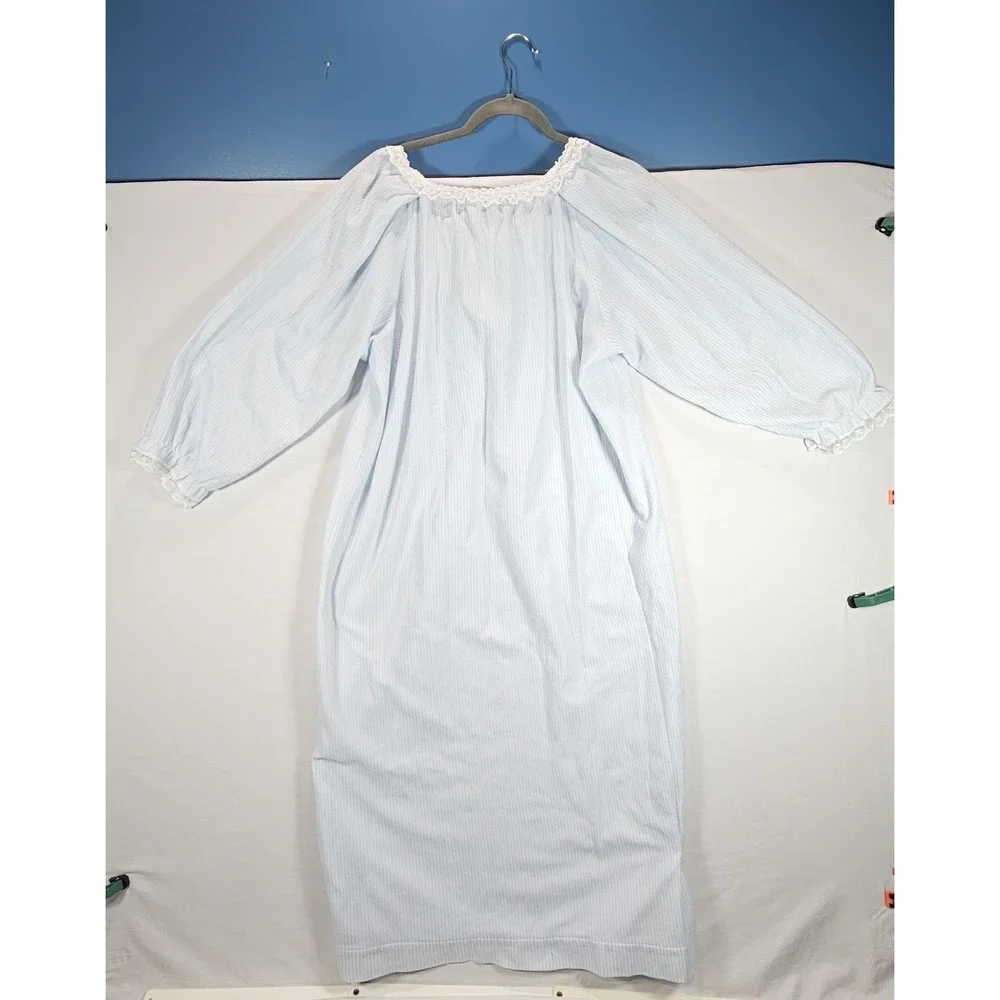 Vintage Katz Flannel Nightgown Blue Stripe Cotton Prairie Cottagecore Grannycore
